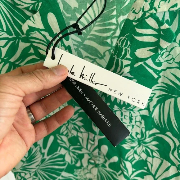 NWT Nicole Miller Women Med Preppy Linen Green Cropped Hawaiian Button Up Shirt - Picture 6 of 10